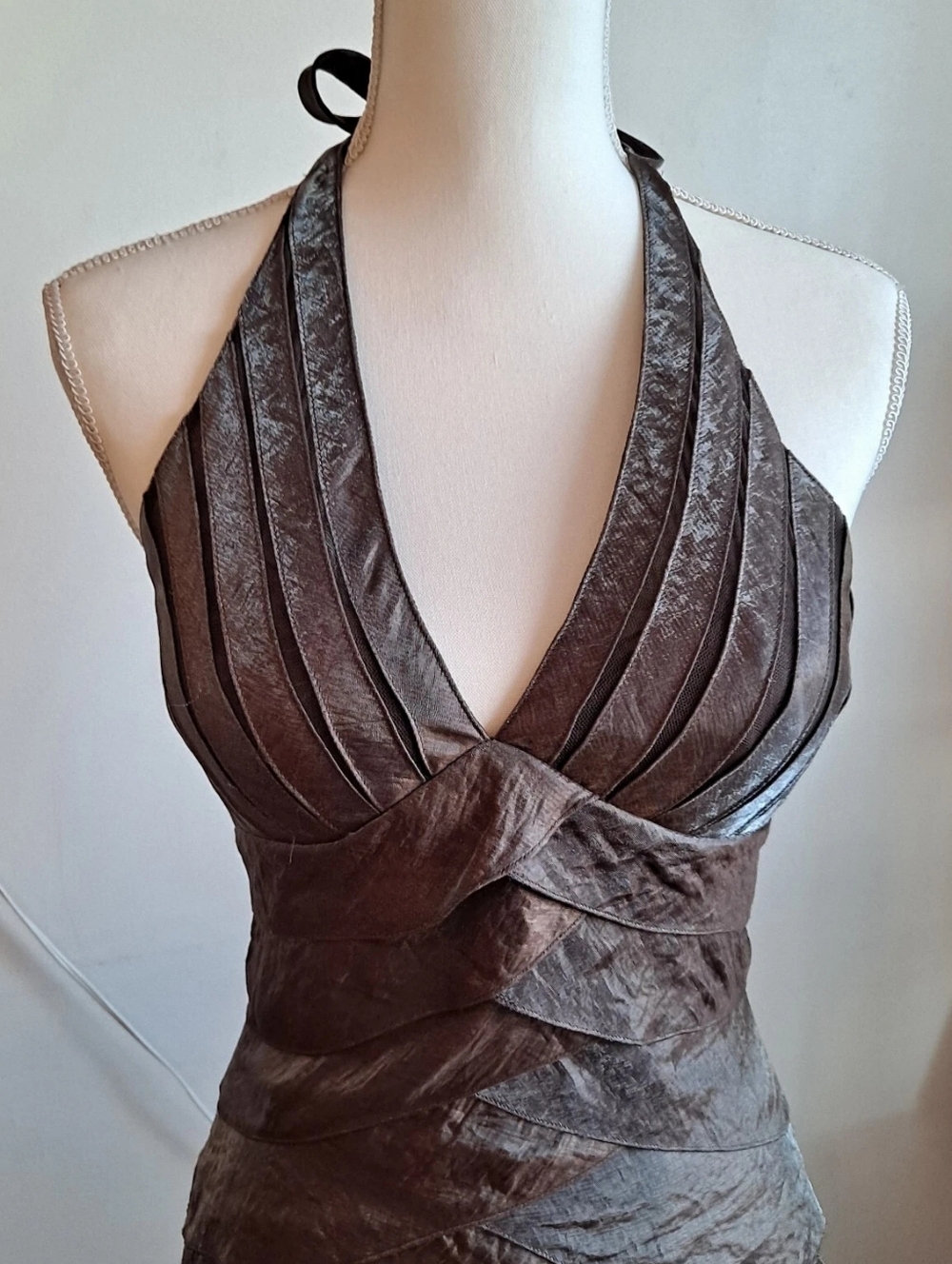 Brown Halter Pleated Satin Dress